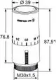 Thermostatkopf von IMI Hydronic Engineering, mit runder Form und Einstellskala für Temperaturregelung, Darstellung von Maße und Befestigungselementen.